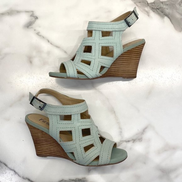 First sage green laser cut wedge sandals - Picture 1 of 10